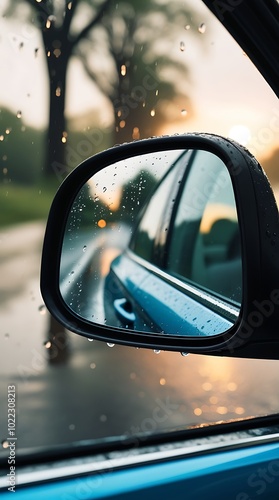 In bad weather, raindrops on the side mirror of an automobile decrease visibility (17) photo