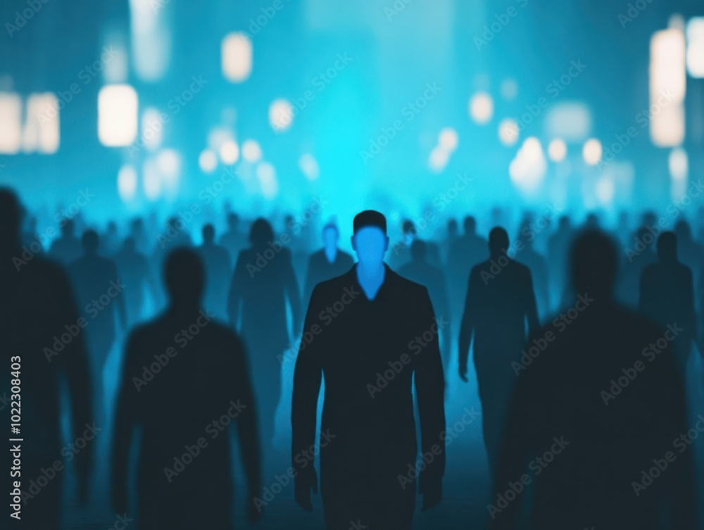 A surreal scene featuring silhouetted figures in a blue-lit urban environment, creating an eerie yet captivating atmosphere. A surreal scene featuring silhouetted figures in a blue-lit urban environment, creating an eerie yet captivating atmosphere.