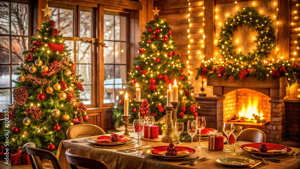 spirit of Christmas captured in an inviting room adorned with seasonal decorations and a crackling fire Christmas tree and the comfort of an open hearth. spirit of Christmas captured in an inviting room adorned with seasonal decorations and a crackling fire Christmas tree and the comfort of an open hearth.