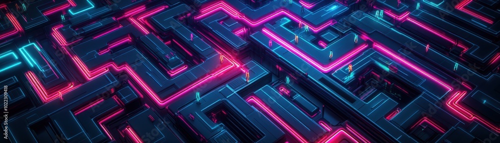 A vibrant abstract maze design featuring neon pink and blue lights, creating a futuristic digital atmosphere. A vibrant abstract maze design featuring neon pink and blue lights, creating a futuristic digital atmosphere.