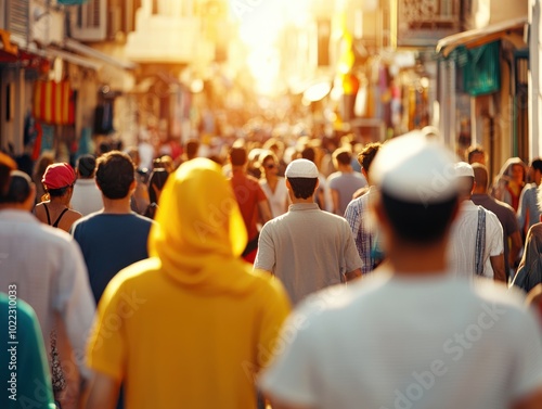 A vibrant crowd walks through a bustling street, illuminated by warm sunlight, showcasing diversity and urban life.