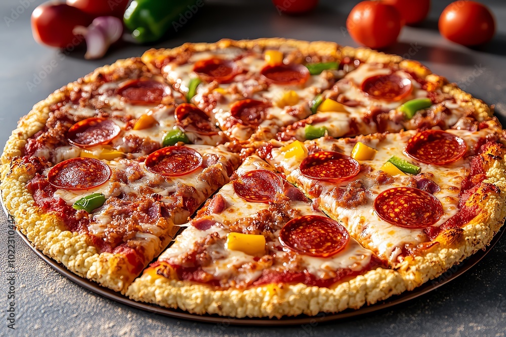 3D-rendered image of a low-carb pizza with a cauliflower crust, perfectly displayed with fresh toppings like cheese, pepperoni, and vegetables 3D-rendered image of a low-carb pizza with a cauliflower crust, perfectly displayed with fresh toppings like cheese, pepperoni, and vegetables