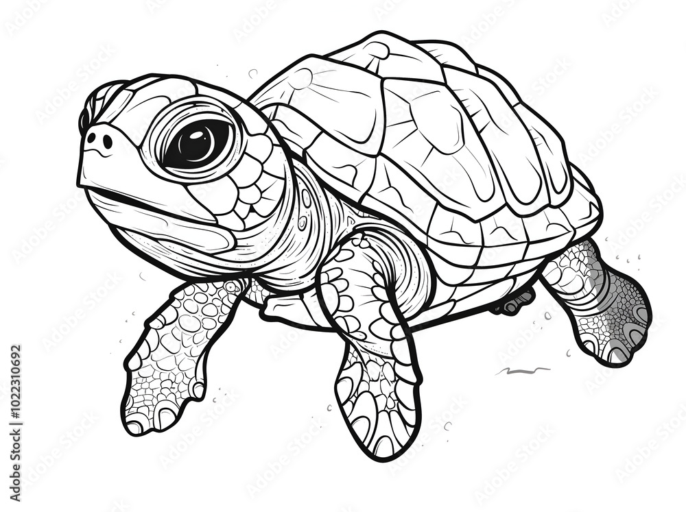 Fototapeta premium sea turtle coloring page, a simple line art drawing of the head and body in side view, with the legs and shell in more detail, and some rocks and plants on the bottom, against a white background