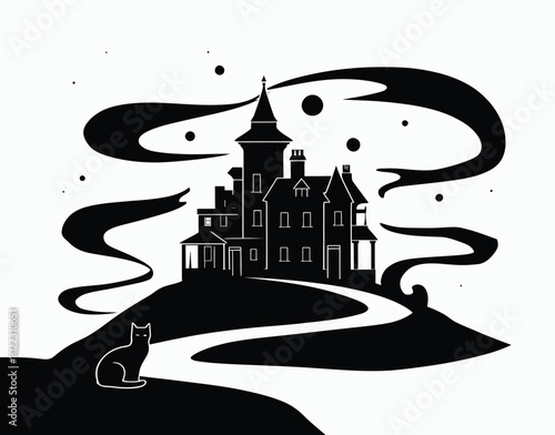 Silhouette of a Haunted Manor with Enigmatic Cat Vector EPS Template