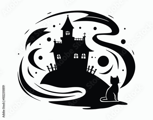 Silhouetted Manor and Cat Amidst Swirling Mist Vector EPS Template