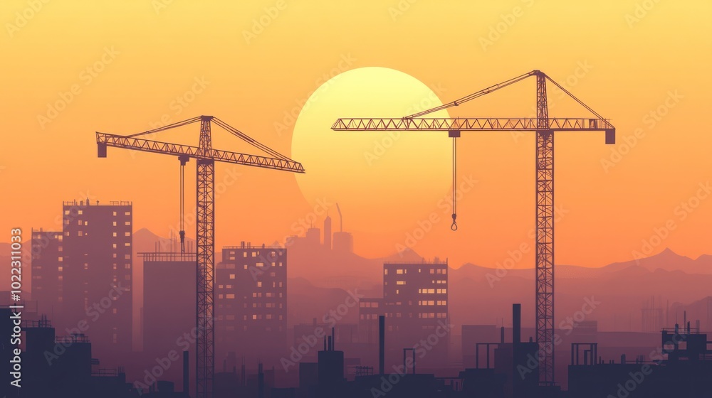 Sunset Silhouette of Cranes Over Cityscape Sunset Silhouette of Cranes Over Cityscape