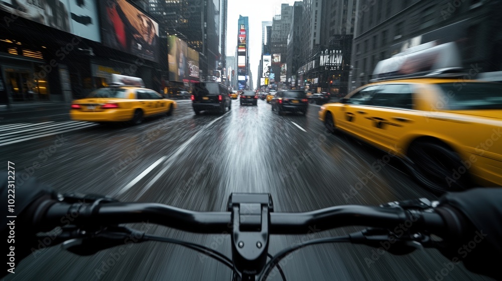 Cycling through a bustling city street with yellow taxis in motion. Cycling through a bustling city street with yellow taxis in motion.