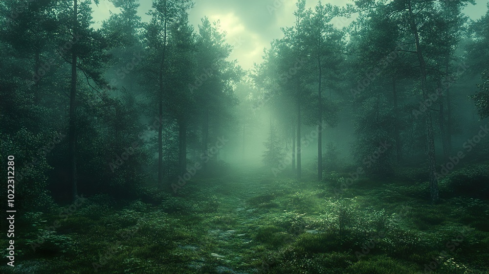 Fototapeta premium Enchanted Forest Path: A Misty Woodland Landscape