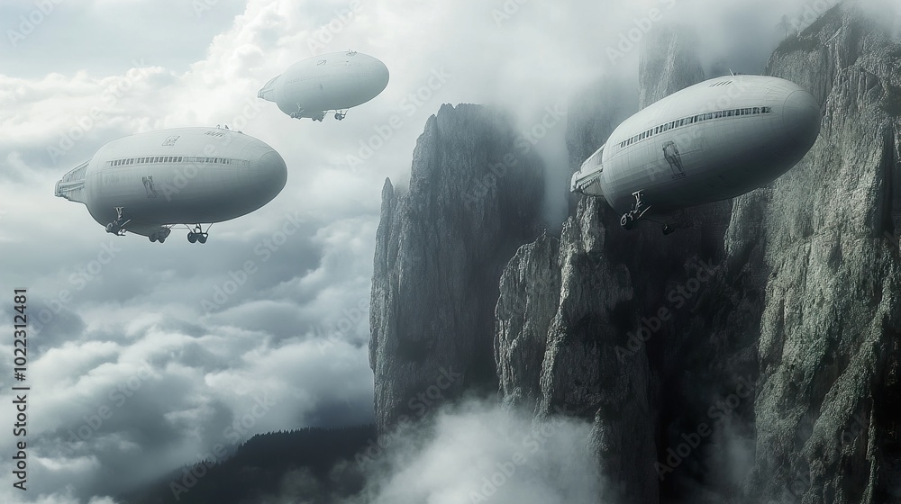 Fototapeta premium Airships Soaring Through Misty Mountains: A Surreal Landscape