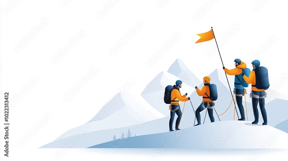 Group of climbers celebrating at mountain peak with flag, white isolate background. Group of climbers celebrating at mountain peak with flag, white isolate background.