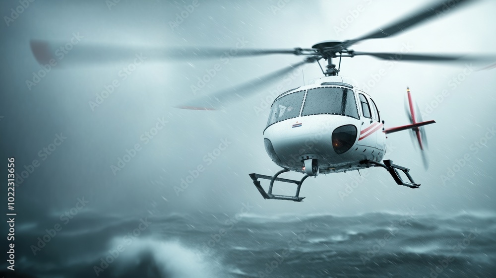 Helicopter flying in stormy weather with dark clouds and turbulent sea. Helicopter flying in stormy weather with dark clouds and turbulent sea.