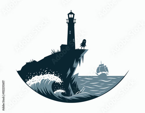 Luminous Shadows Sailor and Lighthouse in Minimalist Design Vector EPS template