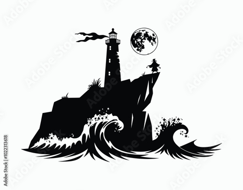 Ghostly Watcher Minimalist Lighthouse and Sailor Vector EPS template