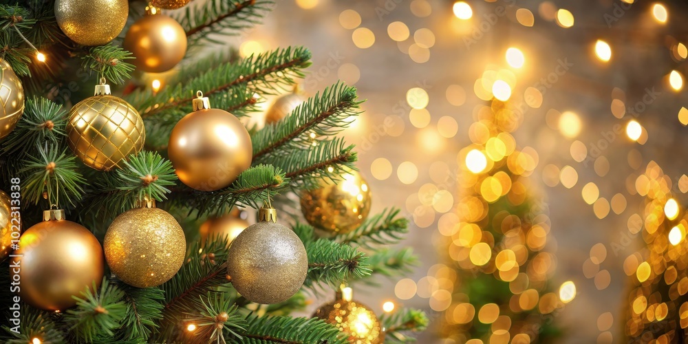 Close-up of a beautifully decorated Christmas tree with golden baubles and twinkling lights against a bokeh background