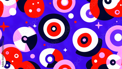 Abstract pattern with red, white, and blue circles on a purple background.