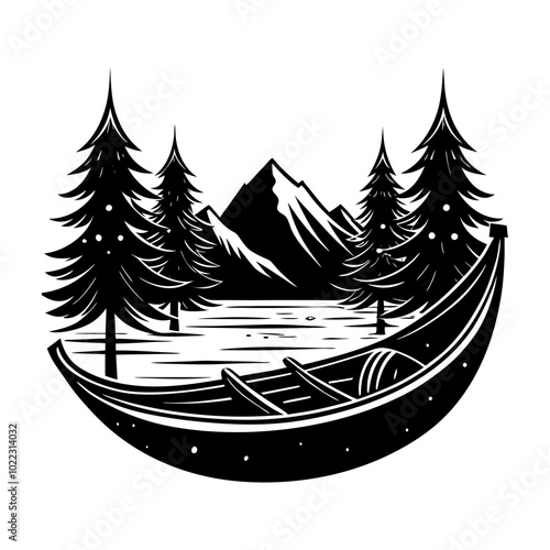 Canoe Boat Mountain Cut File Outdoor Canoeing Vector Graphic Silhouette