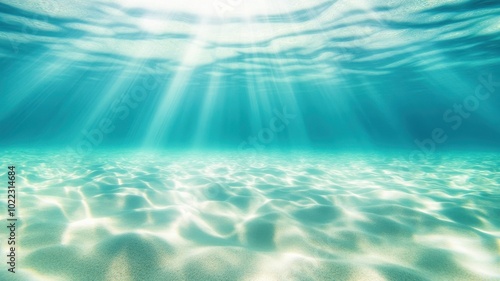 Beneath the surface, serene blue water reflects sunlight, creating a tranquil atmosphere in a vibrant underwater scene.