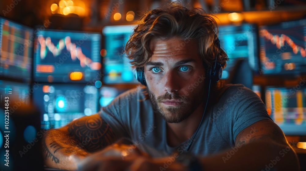 Showcase precision and focus of a day trader analyzing market data on multiple monitors in a dimly lit home office Showcase precision and focus of a day trader analyzing market data on multiple monitors in a dimly lit home office