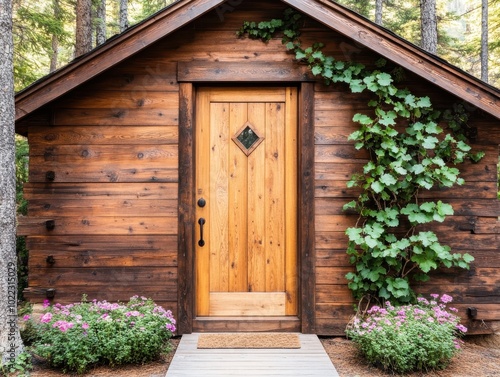 Charmingly rustic wooden cabin door framed by lush greenery and vibrant flowers, inviting a warm and peaceful atmosphere.