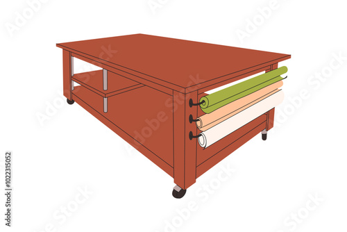 Vector illustration of tools for framing paintings. Framing workshop. Working table for embroidery stretching, glass installation, frame restoration, product packaging. Wood baguette. Vector