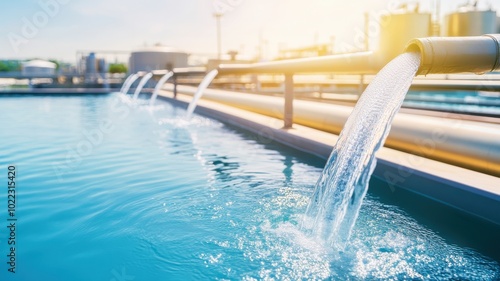 Close-up of water flowing from pipes into a reservoir, showcasing modern industrial water management under bright sunlight.