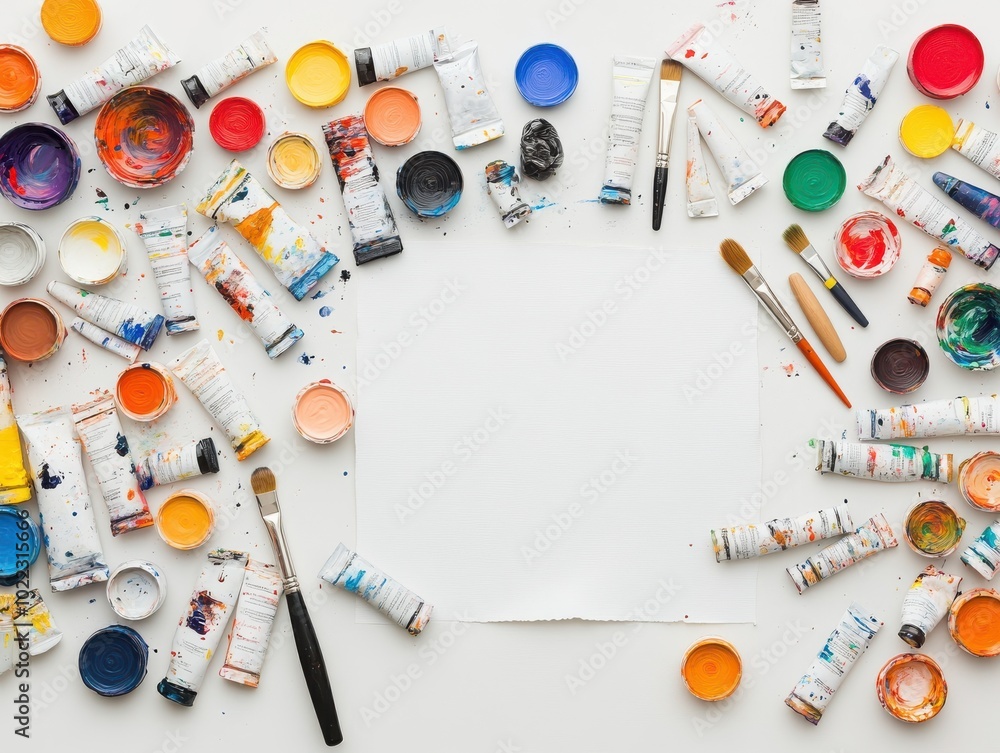 Colorful paints and brushes arranged around a blank canvas, perfect for creative projects and artistic inspiration. Colorful paints and brushes arranged around a blank canvas, perfect for creative projects and artistic inspiration.