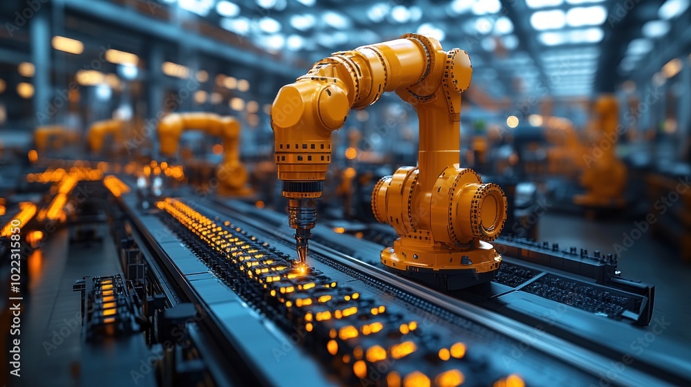 Fototapeta premium Industrial robotic arm assembling components in a factory setting.