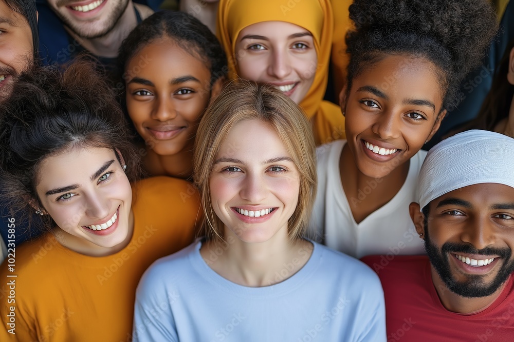 Obraz premium Diverse group of smiling individuals representing various backgrounds, showcasing community and unity among friends in a vibrant setting