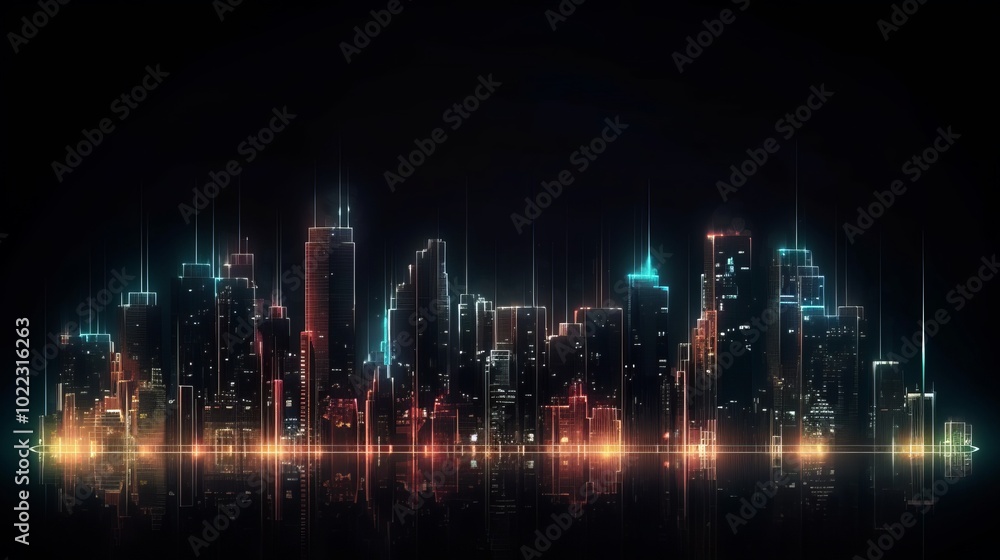 A city skyline is lit up at night with neon lights A city skyline is lit up at night with neon lights