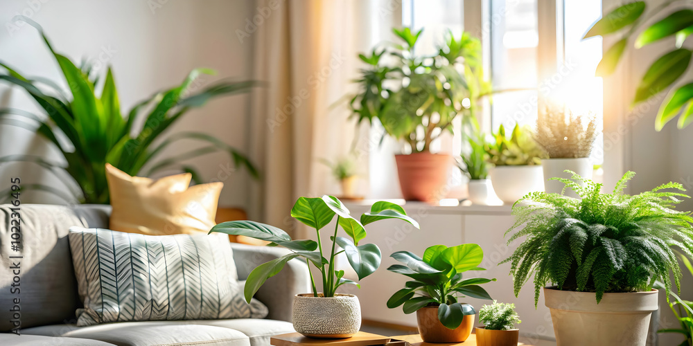 Softly Lit Indoor Plants in Cozy Living Room: Captivating Static Shot Highlighting Freshness and Tranquility of Indoor Greenery for Photo Stock Concept Softly Lit Indoor Plants in Cozy Living Room: Captivating Static Shot Highlighting Freshness and Tranquility of Indoor Greenery for Photo Stock Concept