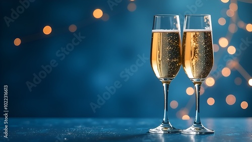 Two glasses of champagne with bubbles on a festive blue background featuring golden lights, creating a celebratory and elegant atmosphere for Christmas and New Year's festivities