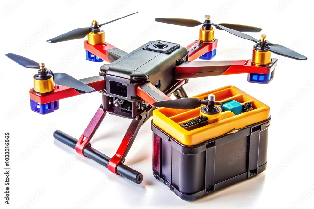 Against a pure white background, a high-tech drone with a LiPo battery shines, showcasing its aviation gear and presenting advances in technology for modern aerial pursuits. Against a pure white background, a high-tech drone with a LiPo battery shines, showcasing its aviation gear and presenting advances in technology for modern aerial pursuits.