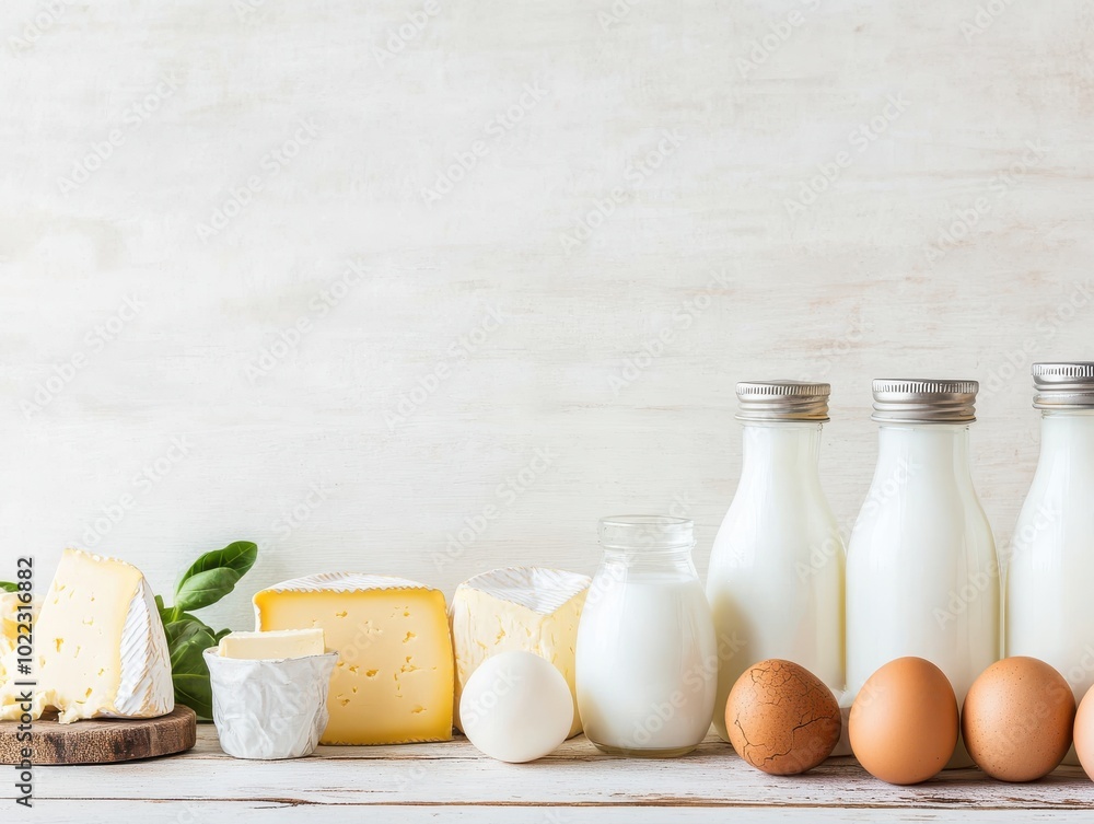 Fresh dairy products including milk, cheese, and eggs arranged neatly on a wooden table for a wholesome culinary presentation. Fresh dairy products including milk, cheese, and eggs arranged neatly on a wooden table for a wholesome culinary presentation.