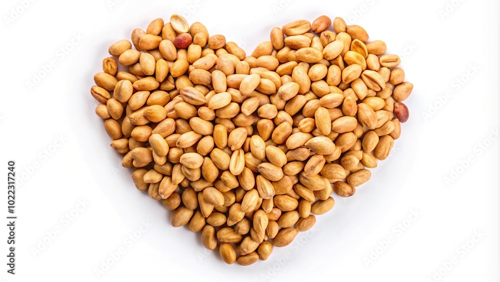 A heart-shaped display of organic salted peanuts against a white background represents a healthy snack, appealing to foodies and nut aficionados alike. A heart-shaped display of organic salted peanuts against a white background represents a healthy snack, appealing to foodies and nut aficionados alike.