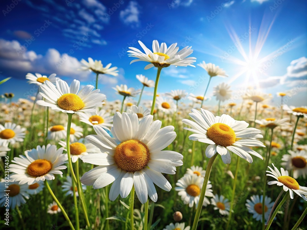A lively banner portrays a calm chamomile meadow, stretching under a brilliant blue sky, illuminated by warm summer sunlight, embodying serenity and natural beauty. A lively banner portrays a calm chamomile meadow, stretching under a brilliant blue sky, illuminated by warm summer sunlight, embodying serenity and natural beauty.