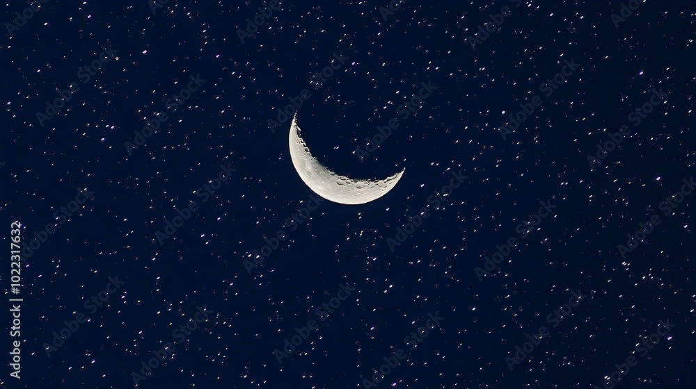 Naklejka premium Breathtaking Image of a Serene Starry Night Sky with a Luminous Crescent Moon Casting a Soft Glow over the Tranquil Landscape