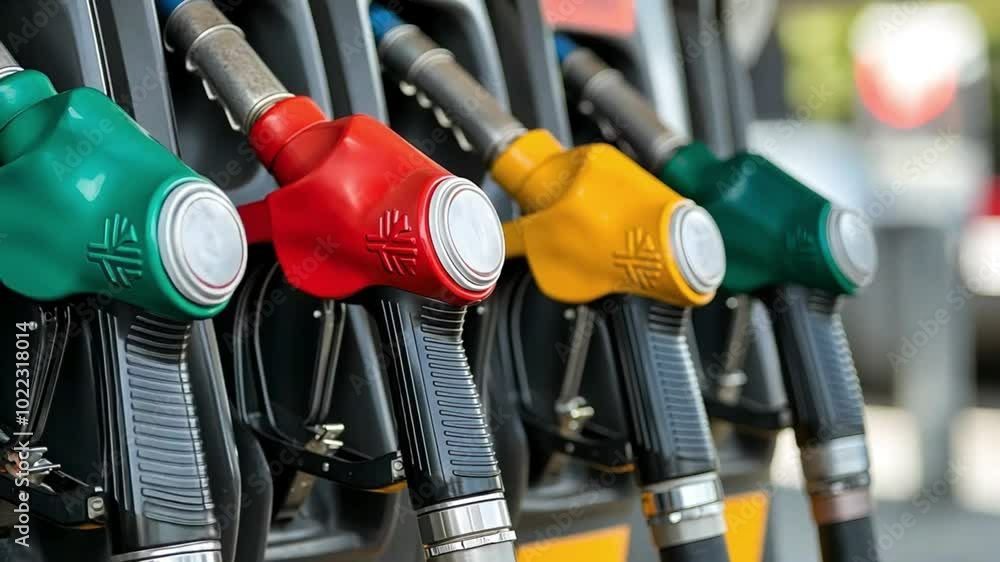 A close-up of fuel pump nozzles in various colors, designed for dispensing different types of fuel at a gas station. A close-up of fuel pump nozzles in various colors, designed for dispensing different types of fuel at a gas station.
