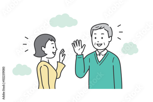 屋外で高齢男性と若い女性が会って挨拶をかわす上半身イラスト
