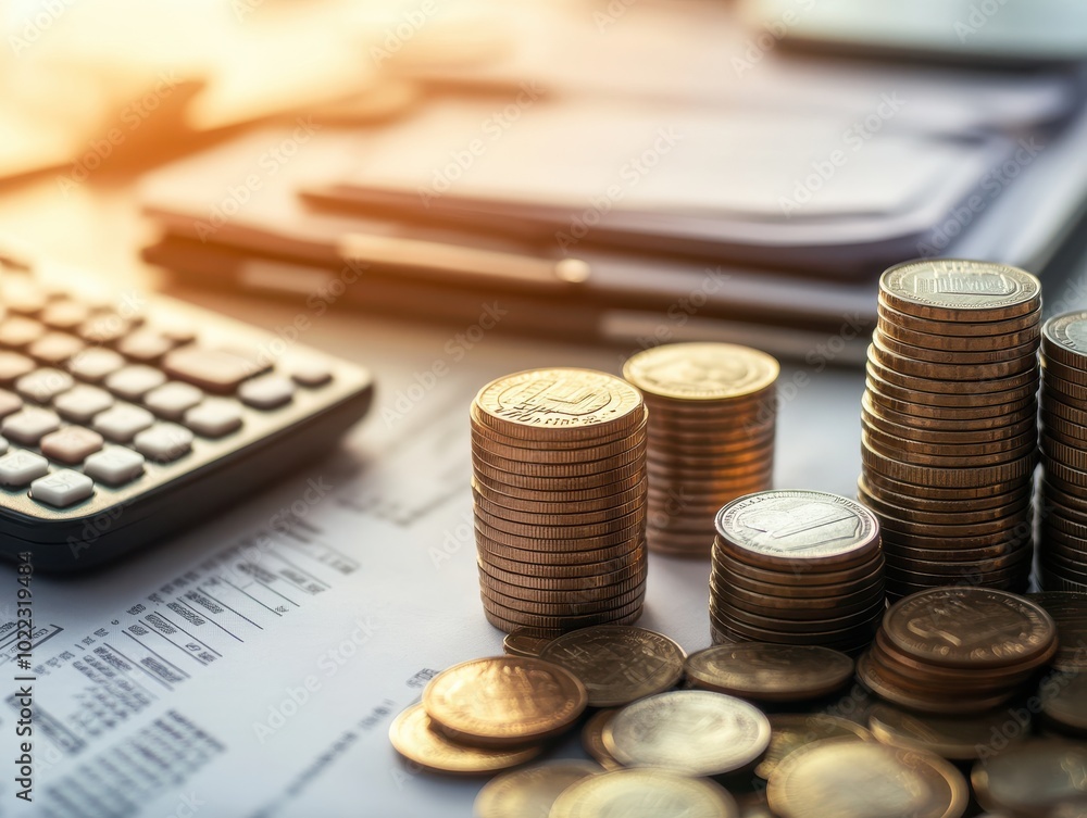 Stacks of coins on a financial document with a calculator. A representation of savings, investment, and financial growth. Stacks of coins on a financial document with a calculator. A representation of savings, investment, and financial growth.