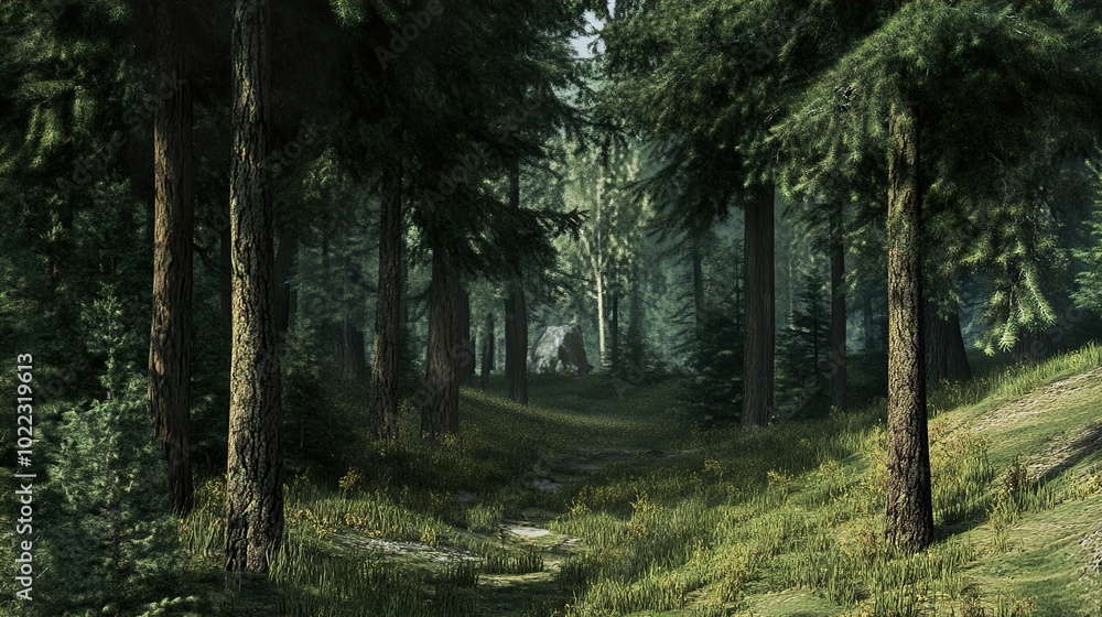 Fototapeta premium Tranquil Forest Path: Lush Greenery and Sunlight