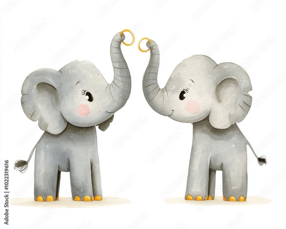 Cute Watercolor Elephants with Wedding Rings Cute Watercolor Elephants with Wedding Rings