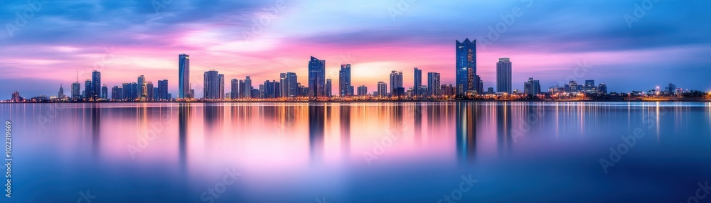 Stunning panoramic view of a vibrant city skyline during sunset, reflecting beautifully on calm waters. Stunning panoramic view of a vibrant city skyline during sunset, reflecting beautifully on calm waters.
