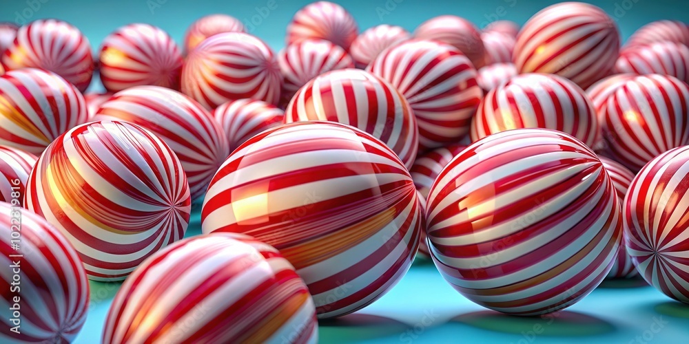 Charming 3D rendition of red-striped candy spheres on a vivid backdrop, offering a cheerful and colorful touch for creative design applications and visual projects. Charming 3D rendition of red-striped candy spheres on a vivid backdrop, offering a cheerful and colorful touch for creative design applications and visual projects.