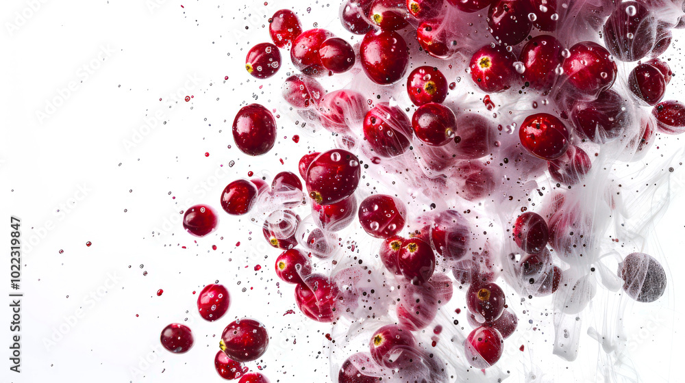 Lingonberry berries hung in the air in a white dreamy mystical smoke on a white background. A bunch of red cranberries or cranberries in the fog. The concept of abundance and freshness Lingonberry berries hung in the air in a white dreamy mystical smoke on a white background. A bunch of red cranberries or cranberries in the fog. The concept of abundance and freshness