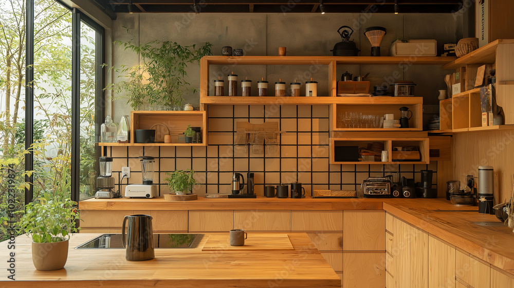 Japandi interior design kitchen with wooden countertops and minimalist decor Japandi interior design kitchen with wooden countertops and minimalist decor