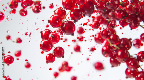 A bunch of red currant berries falls from a tree. There is movement and energy in the image, as if the berries are blown away by a gust of wind. A delicious snack. Healthy eating