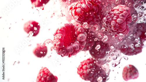 Close-up of fresh juicy ripe raspberries surrounded by water droplets. The concept of freshness and vitality. A delicious snack. A natural organic product. Food background