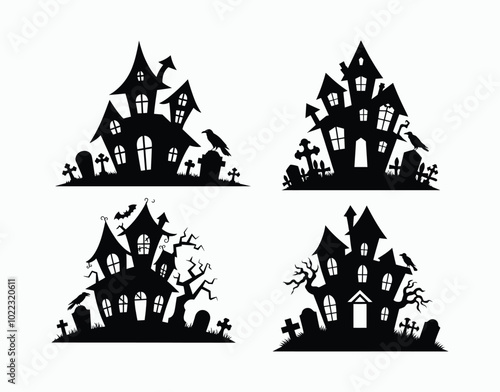 Halloween Nightmare Nook Spooky House and Tombstones Vector EPS Template