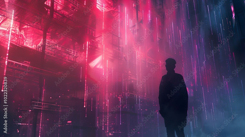 A Silhouette in a Futuristic Cityscape with Glowing Lights A Silhouette in a Futuristic Cityscape with Glowing Lights