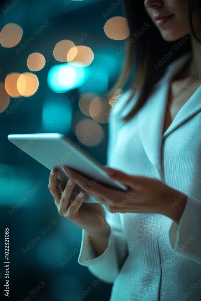 Anonymous business woman interacts with virtual technology while holding a tablet in a modern setting during evening hours Anonymous business woman interacts with virtual technology while holding a tablet in a modern setting during evening hours